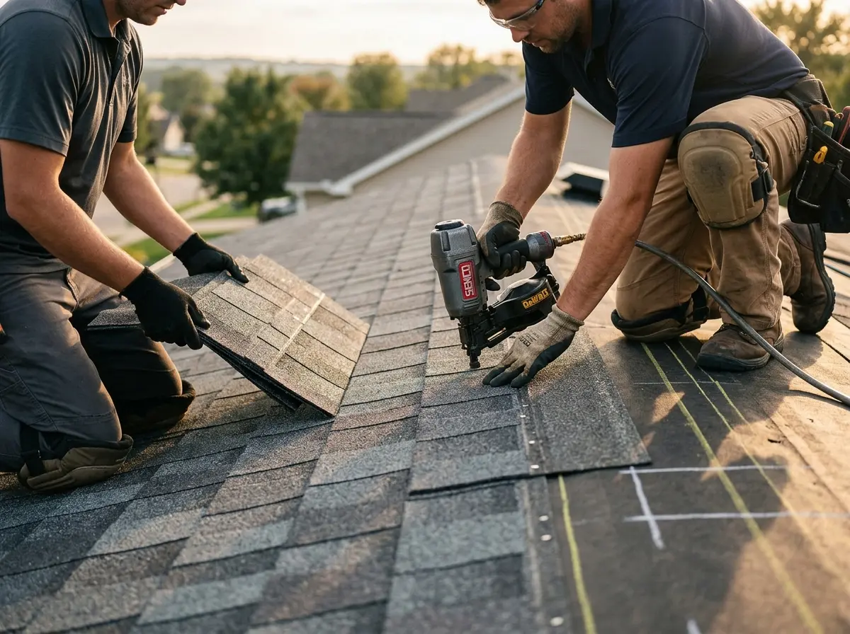 Professional roofer working on a residential roof in Brecksville
